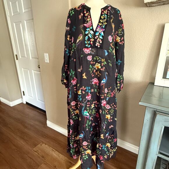Johnny Was Womens Floral Tiered Embroidered V-Neck Boho Midi Dress Black Size XL - Picture 14 of 16